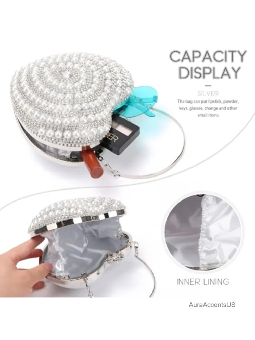 Heart Shape Pearl Crystal Clutch Evening Bag Wedding Prom Party Purse